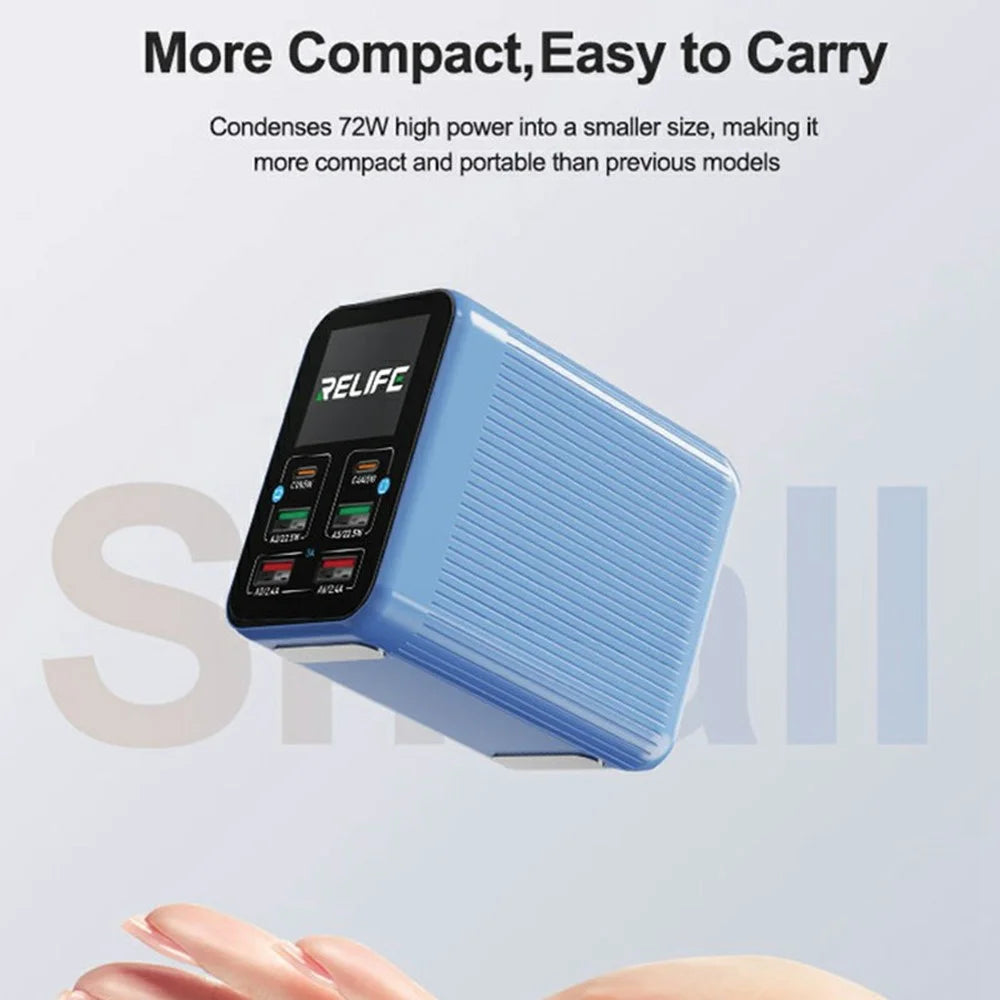 RELIFE Q4 Smart 6-Port Fast Charger 72W Dual PD  /  Dual QC TFT HD Color Screen Smart Sleep Mode For Home  /  Office Use - Blue  /  EU Plug - 5
