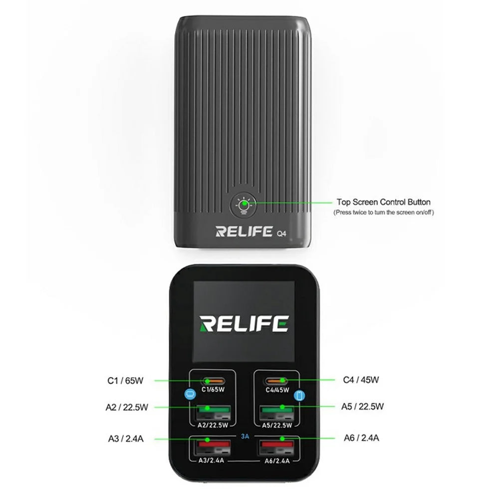 RELIFE Q4 Smart 6-Port Fast Charger 72W Dual PD  /  Dual QC TFT HD Color Screen Smart Sleep Mode For Home  /  Office Use - Blue  /  EU Plug - 6