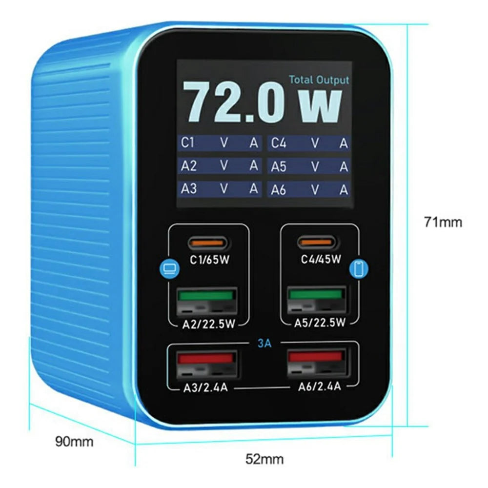 RELIFE Q4 Smart 6-Port Fast Charger 72W Dual PD  /  Dual QC TFT HD Color Screen Smart Sleep Mode For Home  /  Office Use - Blue  /  EU Plug - 7