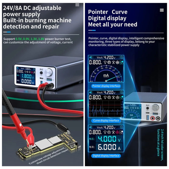 AIXUN P2408 Intelligent Stabilized Power Supply for iPhone Android Fast Charge Detection DC Adjustable 24V / 8A - EU Plug - 5