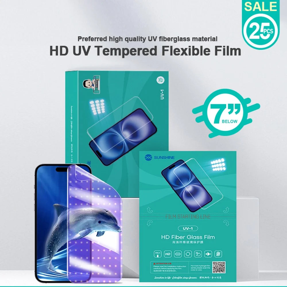 SUNSHINE UV-1 25Pcs HD Fiberglass Protective Film with Lamp Box UV Screen Protector Super Toughened Explosion Proof - 6