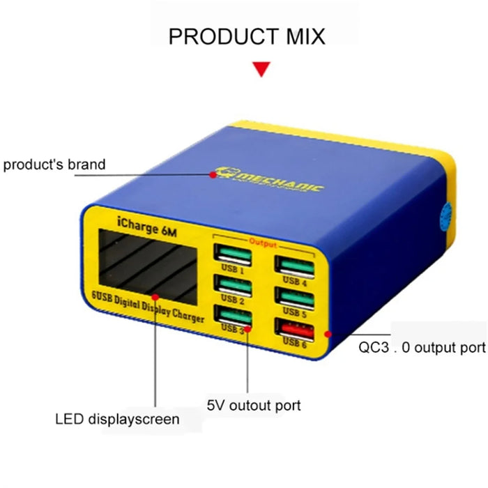 MECHANIC 6M QC 3.0 USB Smart Charger Fast Charging Station with LCD Display for Smartphones / Tablets - EU Plug - 3