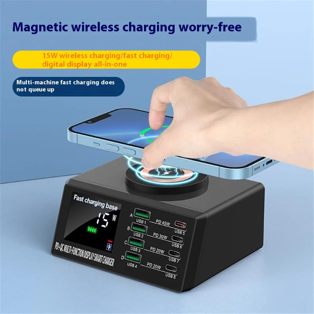 BEST X9DM Multi-Function Magnetic Wireless Charging Stand Multiple Ports Smart Charging Station - EU Plug - 2