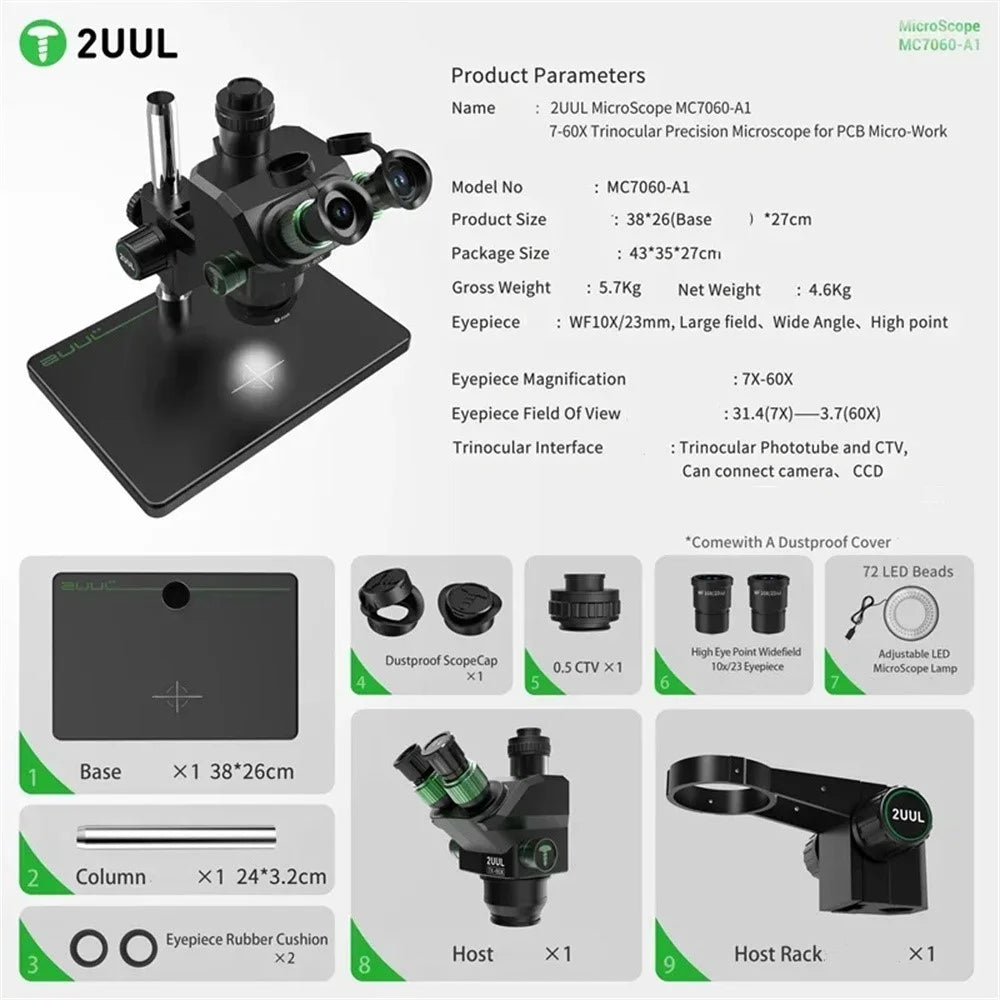 2UUL MC7060-A1 7-60X Magnification Trinocular Precision Microscope for PCB Inspection Micro Soldering Repair Work - 7