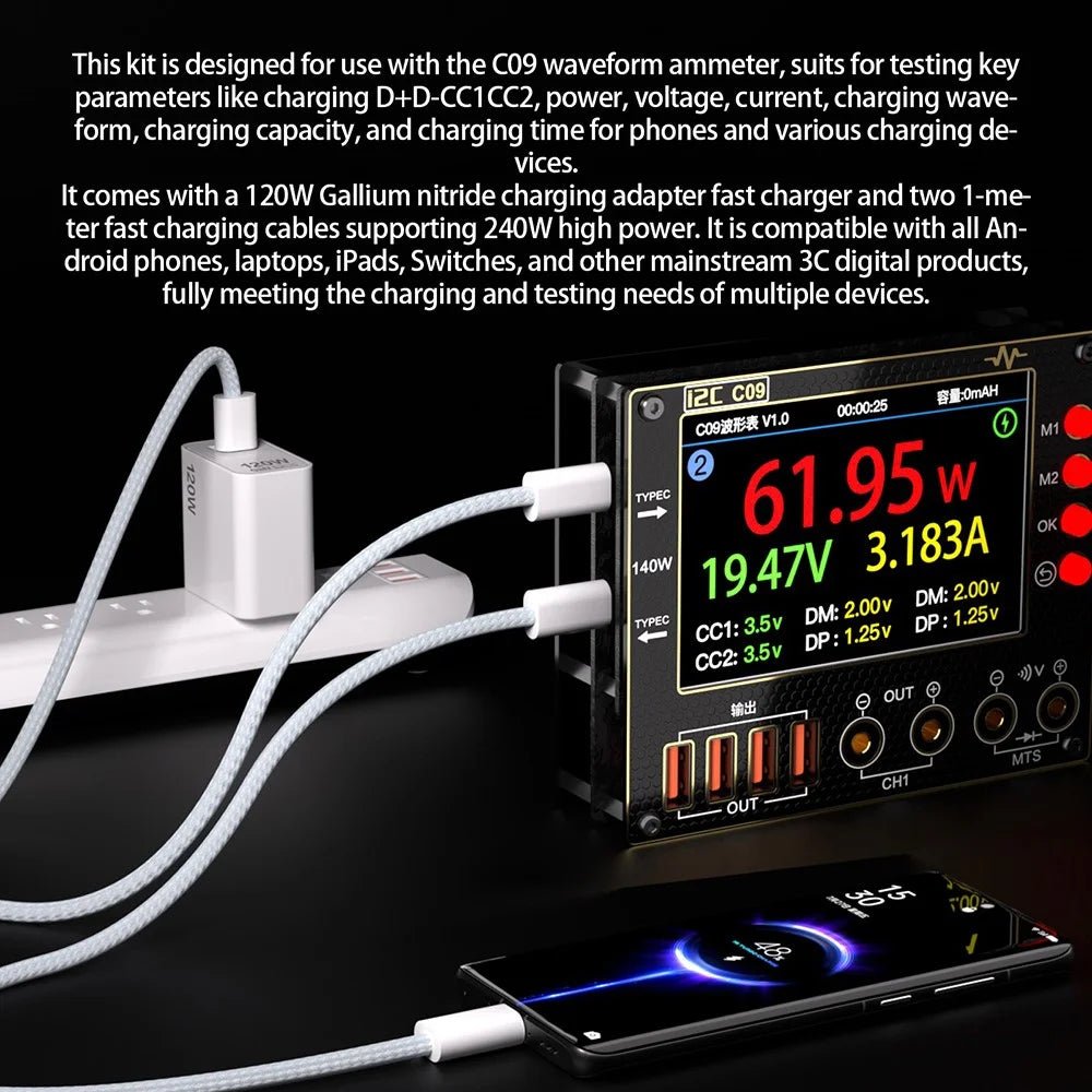 I2C C09 240W Charger Adapter Set with 2 Cable, 120W GaN Fast Charging Wall Charger for Phones / Laptops / Tablets - 3