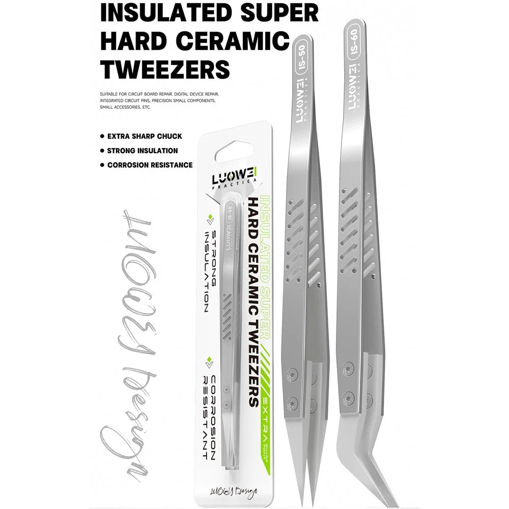 LUOWEI Hard Insulated Ceramic Tweezers for Circuit Board Repair - IS-60 Curved Tip - 2