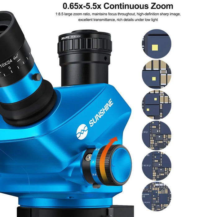 SUNSHINE 71 Ultra Trinocular Microscope 0.65X - 5.5X Zoom for Phone Electronic PCB Soldering Repair - Blue - 3