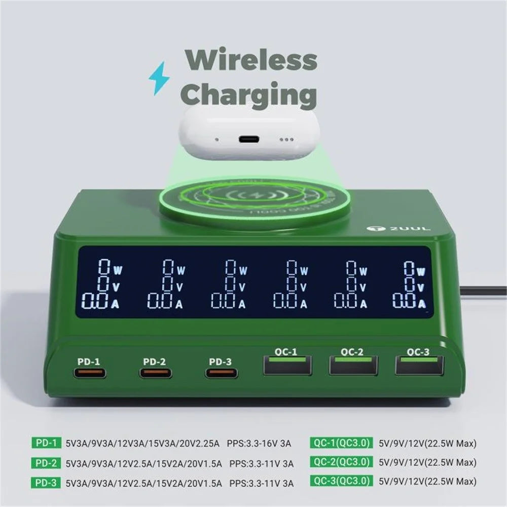 2UUL PC11 110W Multi-Port PD + QC Desktop Charging Station Wireless Pad LCD Display for Phones  /  Tablets  /  Laptops - EU Plug - 6