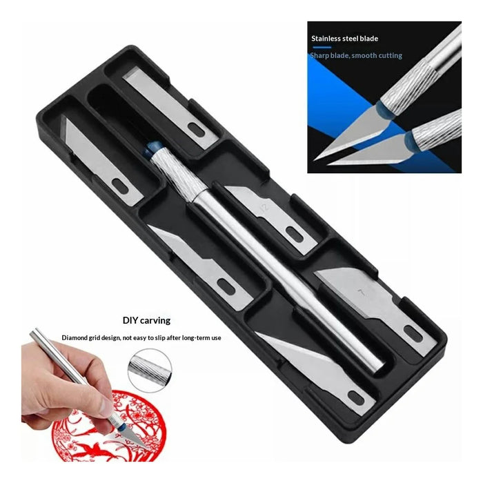 For Phone Repair Precision Carving Tools Set with 6Pcs Interchangeable Blades and Non-Slip Handle - Silver - 3