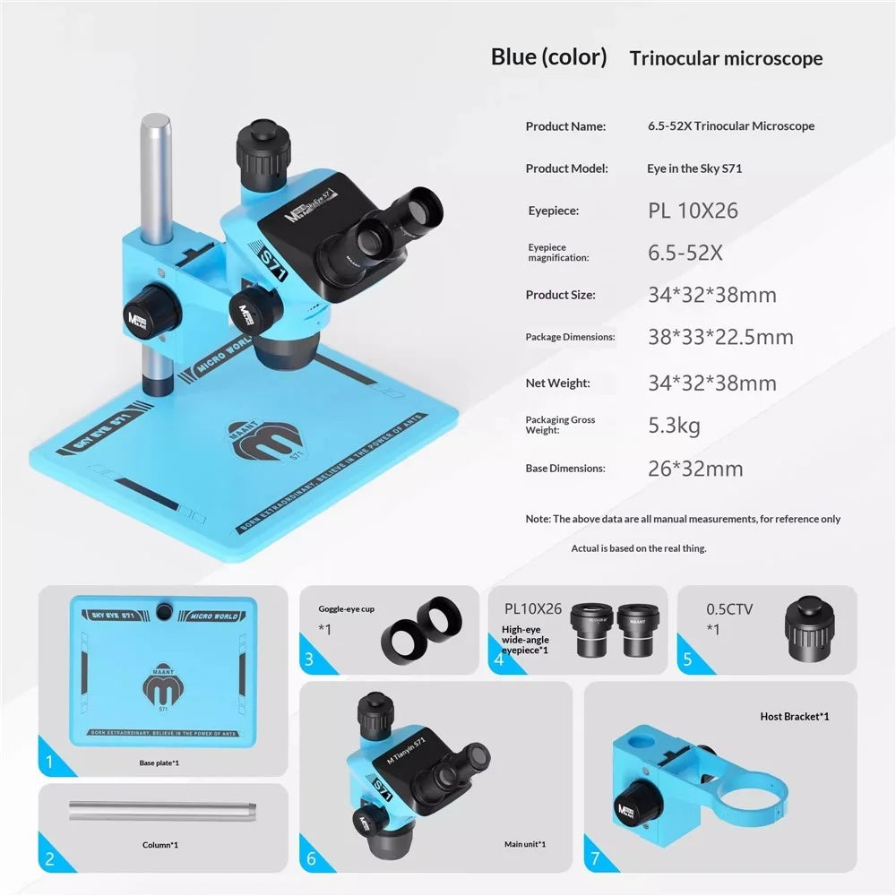 MAANT SkyEye S71 Trinocular Microscope 6.5-52X Continuous Zoom High Definition For PCB Repair  /  Phone Maintenance - Blue - 2