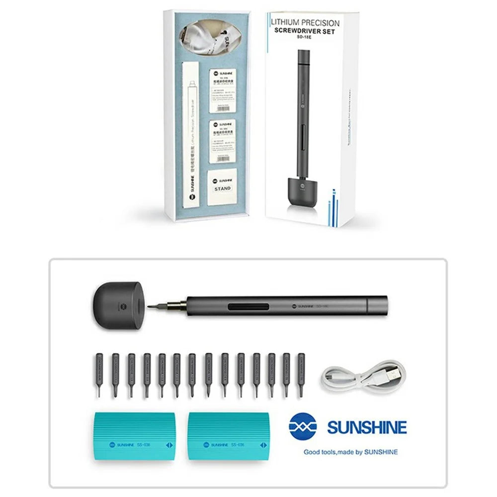 SUNSHINE SD-18E Lithium Electric Precision Screwdriver Kit 14Pcs S2 Alloy Steel Bits 3 LED Lights - Black - 7