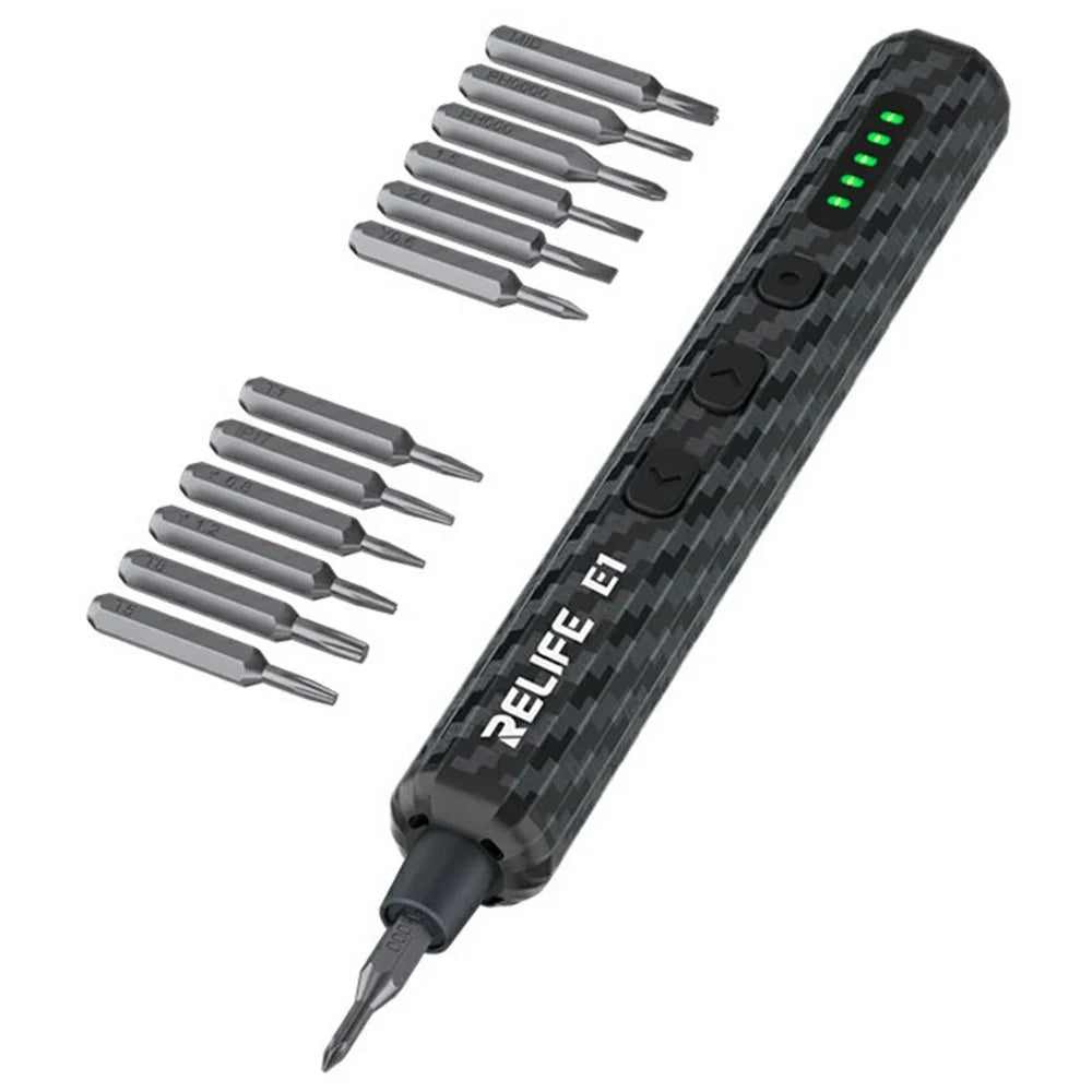 RELIFE E1 Carbon Fiber Electric Screwdriver Set LED Digital Display Screwdriver with 12Pcs S2 Steel Bits - 1