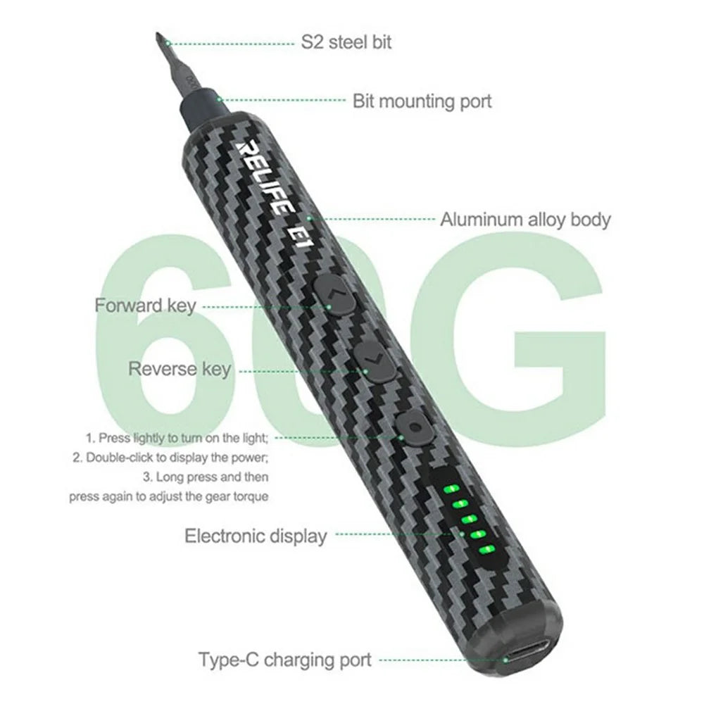 RELIFE E1 Carbon Fiber Electric Screwdriver Set LED Digital Display Screwdriver with 12Pcs S2 Steel Bits - 6