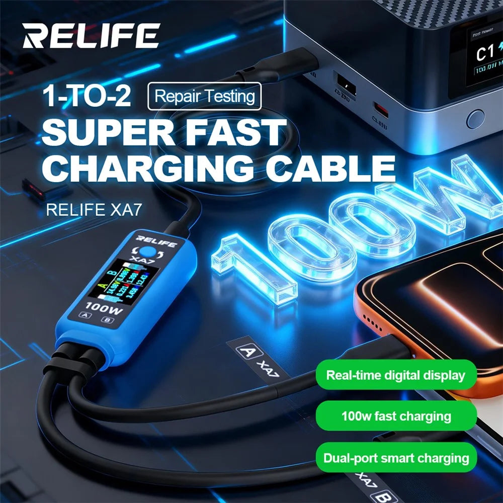 RELIFE XA7 100W 1-to-2 Dual Port Digital Display Fast Charging Cable PD3.0 USB-C Smart Charging Cord for Device Testing - 5