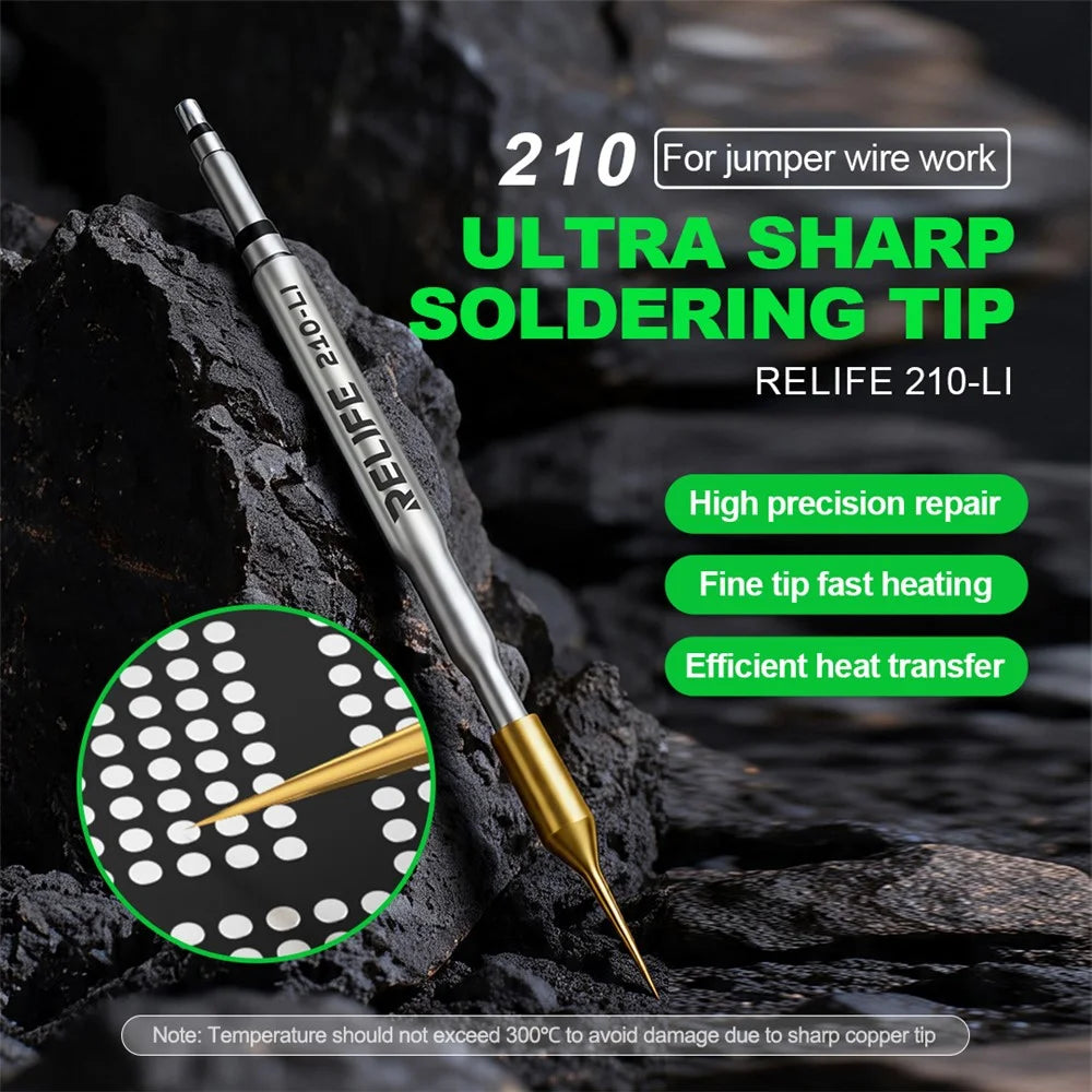 RELIFE 210-LI 0.1mm Ultra Sharp Soldering Iron Tip Pure Copper Soldering Station Iron Tip Welding Tool Replacement for Phone Screen Repair - 2