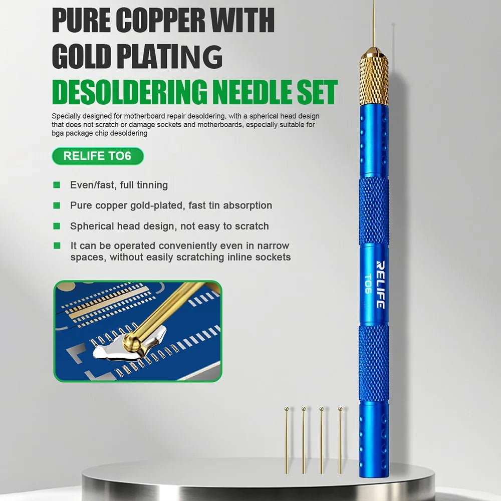 RELIFE TO6 Desoldering Needle Set Pure Copper Gold Plated Ball Tip Desoldering Needle Kit for Motherboard Repair - 2