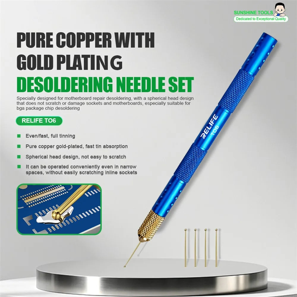 RELIFE TO6 Desoldering Needle Set Pure Copper Gold Plated Ball Tip Desoldering Needle Kit for Motherboard Repair - 3