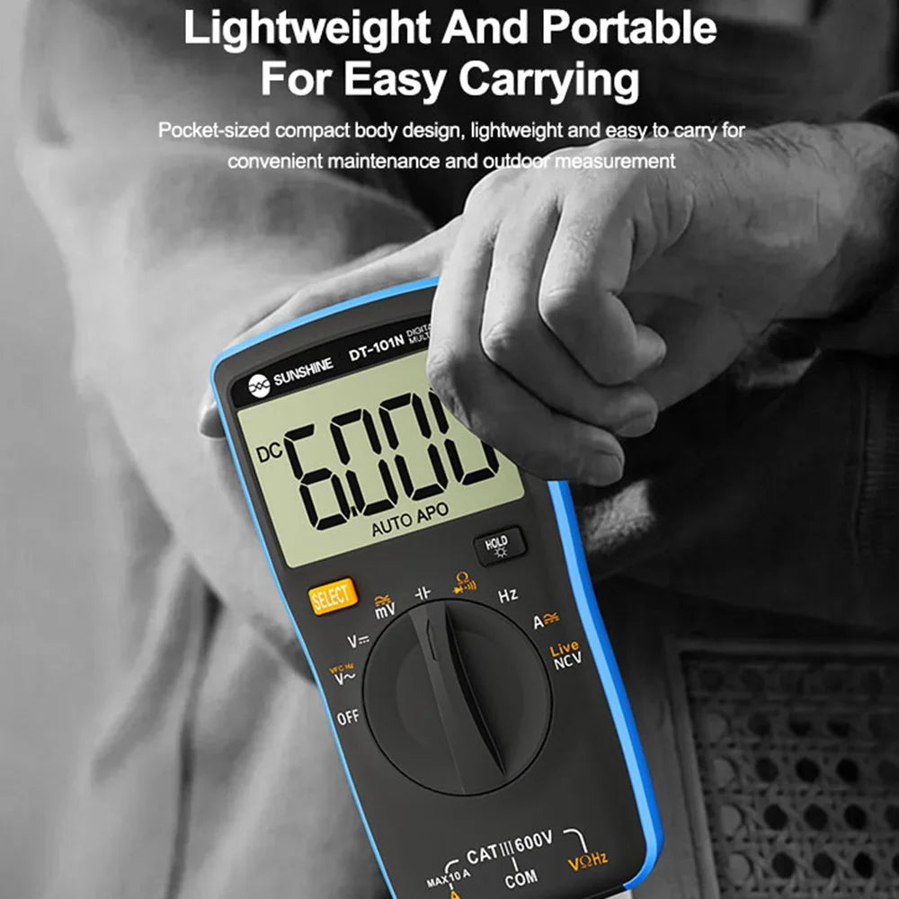 SUNSHINE DT-101N Digital Multimeter 5999 Counts LCD Backlight Pocket-Style Auto-Ranging Tester Meter for Electrical Testing (No Battery) - 7