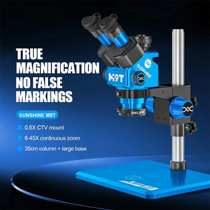 SUNSHINE M9T Trinocular Stereo Microscope 6X-45X Continuous Zoom 350mm Column for Electronic PCB Repair - 2