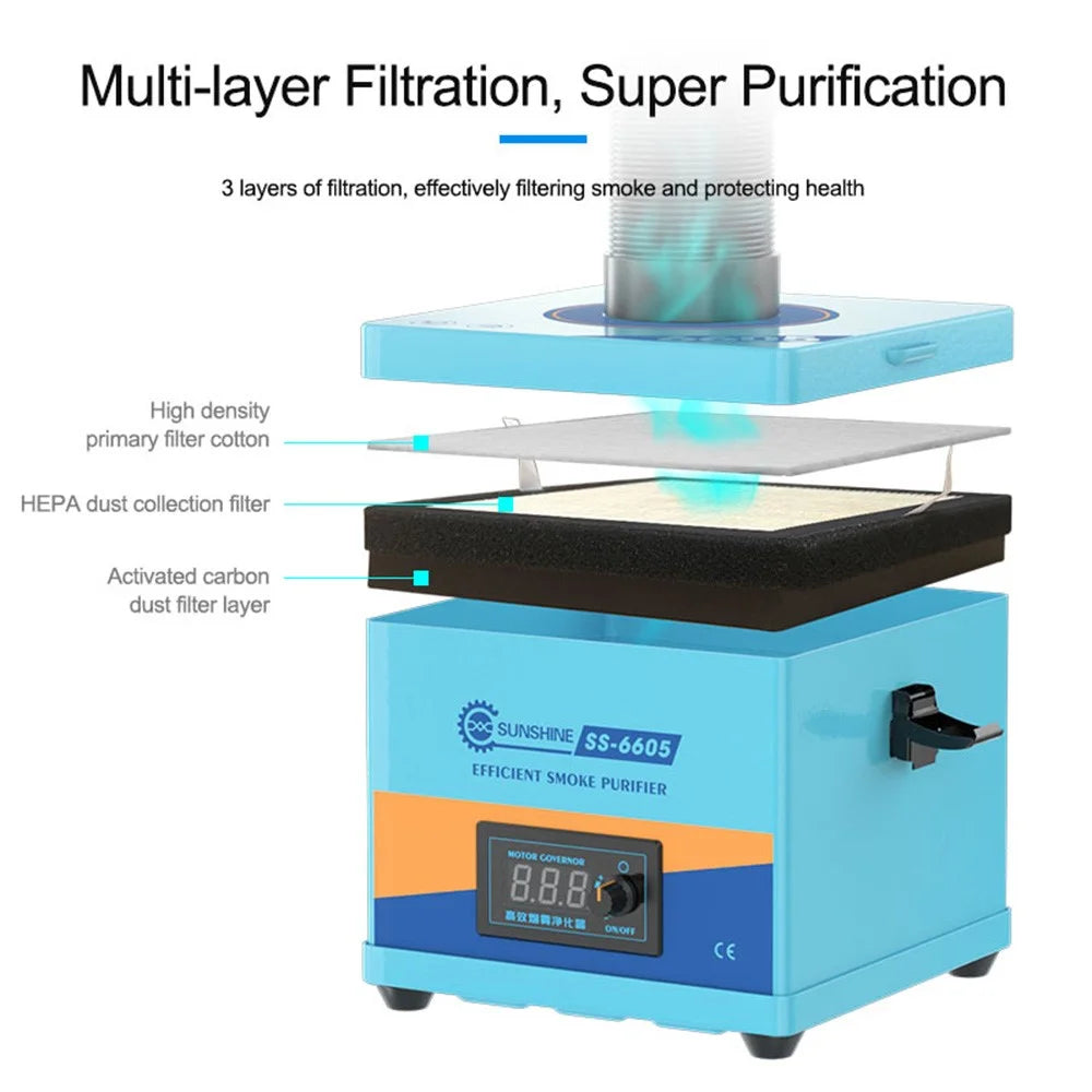 SUNSHINE SS-6605 High Efficiency Smoke Purifier 3-Layer Filtration System Fume Extractor for Soldering Laser - EU Plug - 6