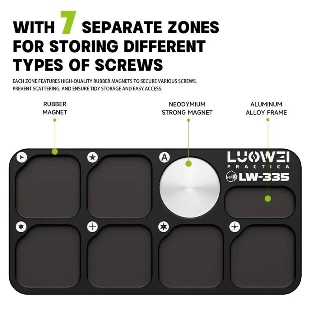 LUOWEI LW-335 7-Zone Aluminum Alloy Magnetic Screw Storage Board Organizer Tray for Repair Tool - Black - 3