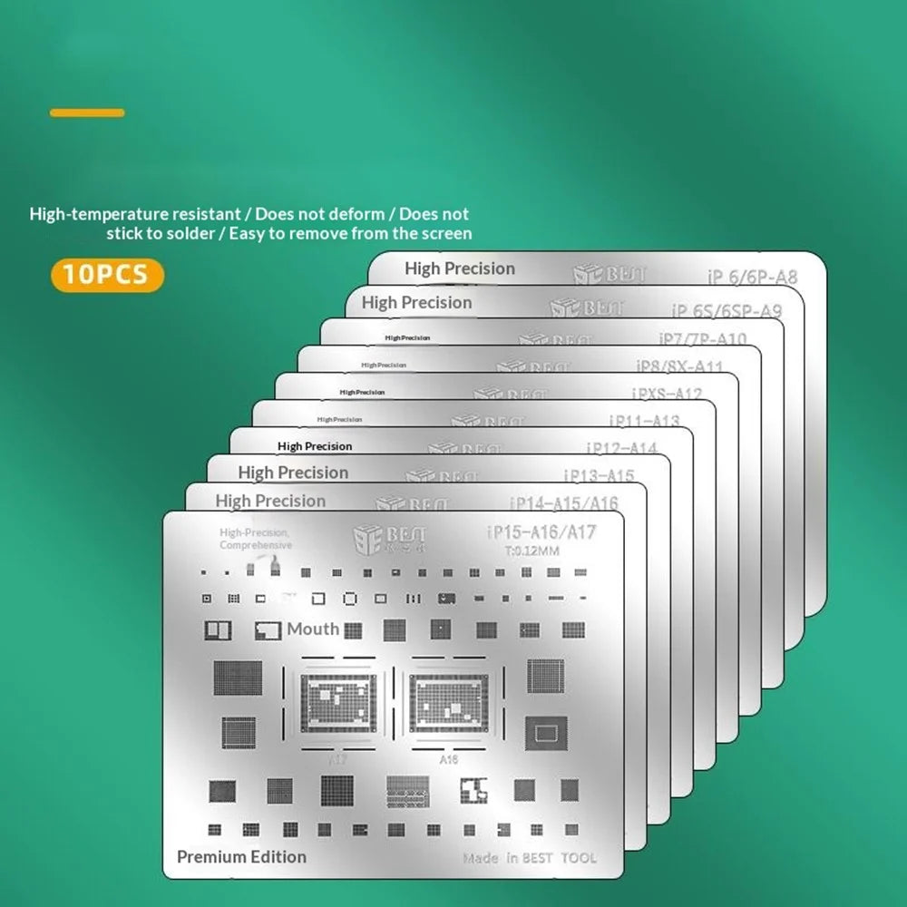 BEST BST-IP (A8-A17) 10Pcs BGA IC Solder Reballing Stencil 0.12mm Steel Template for iPhone 6-15 Series - 2