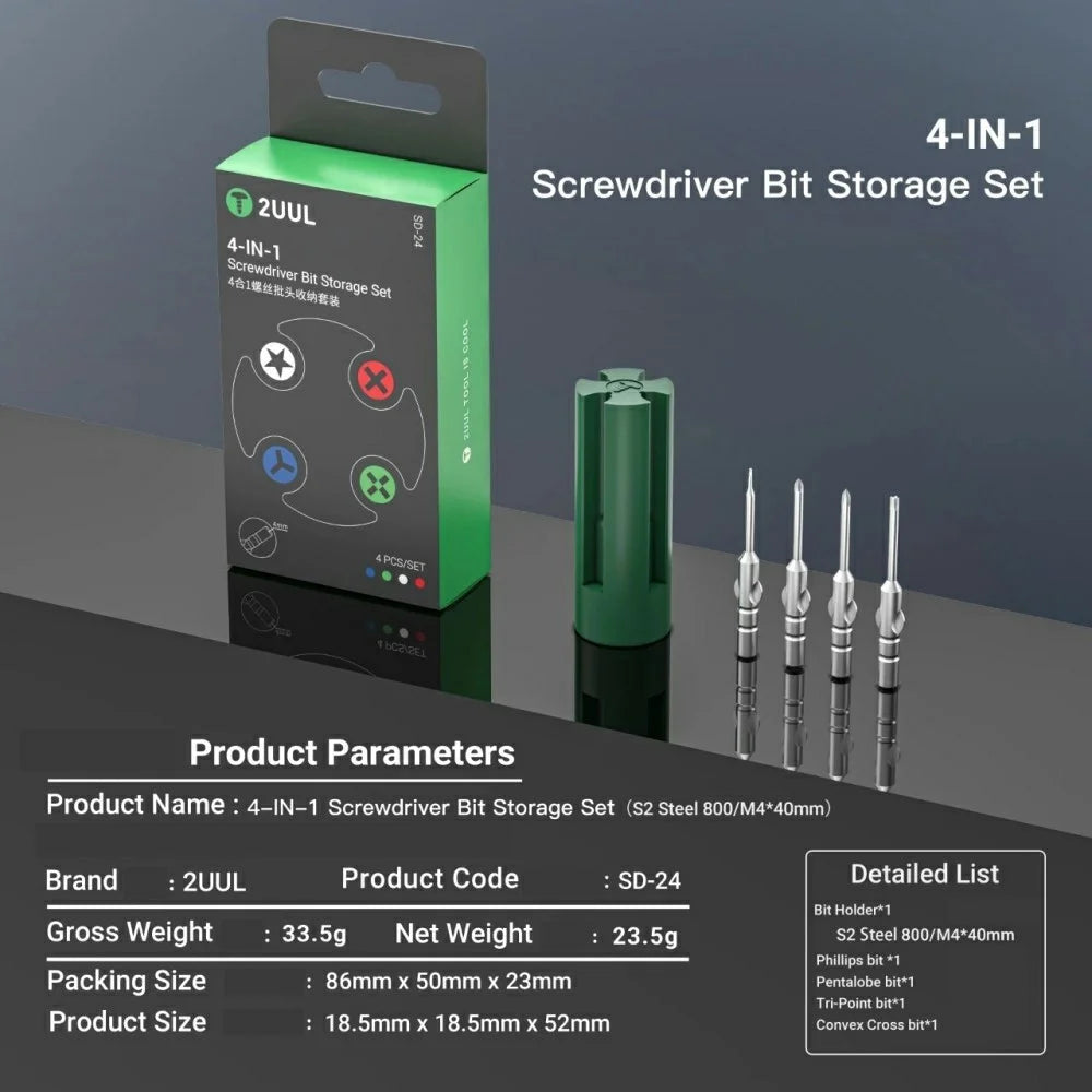 2UUL SD24 4 in 1 Screwdriver Bit Set Magnetic S2 Steel Cross Tri-Point Philips Pentalobe Bits Kit - 6