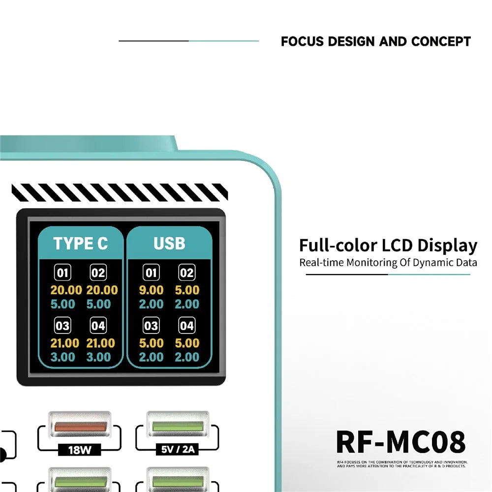 RF4 RF-MC08 LCD Screen 8-Port Charger with 4 USB-C + 4 USB-A Ports 100W Fast Charging Station for Laptop - 4