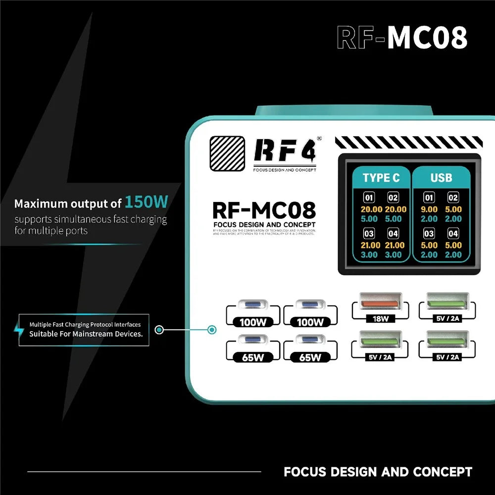 RF4 RF-MC08 LCD Screen 8-Port Charger with 4 USB-C + 4 USB-A Ports 100W Fast Charging Station for Laptop - 5