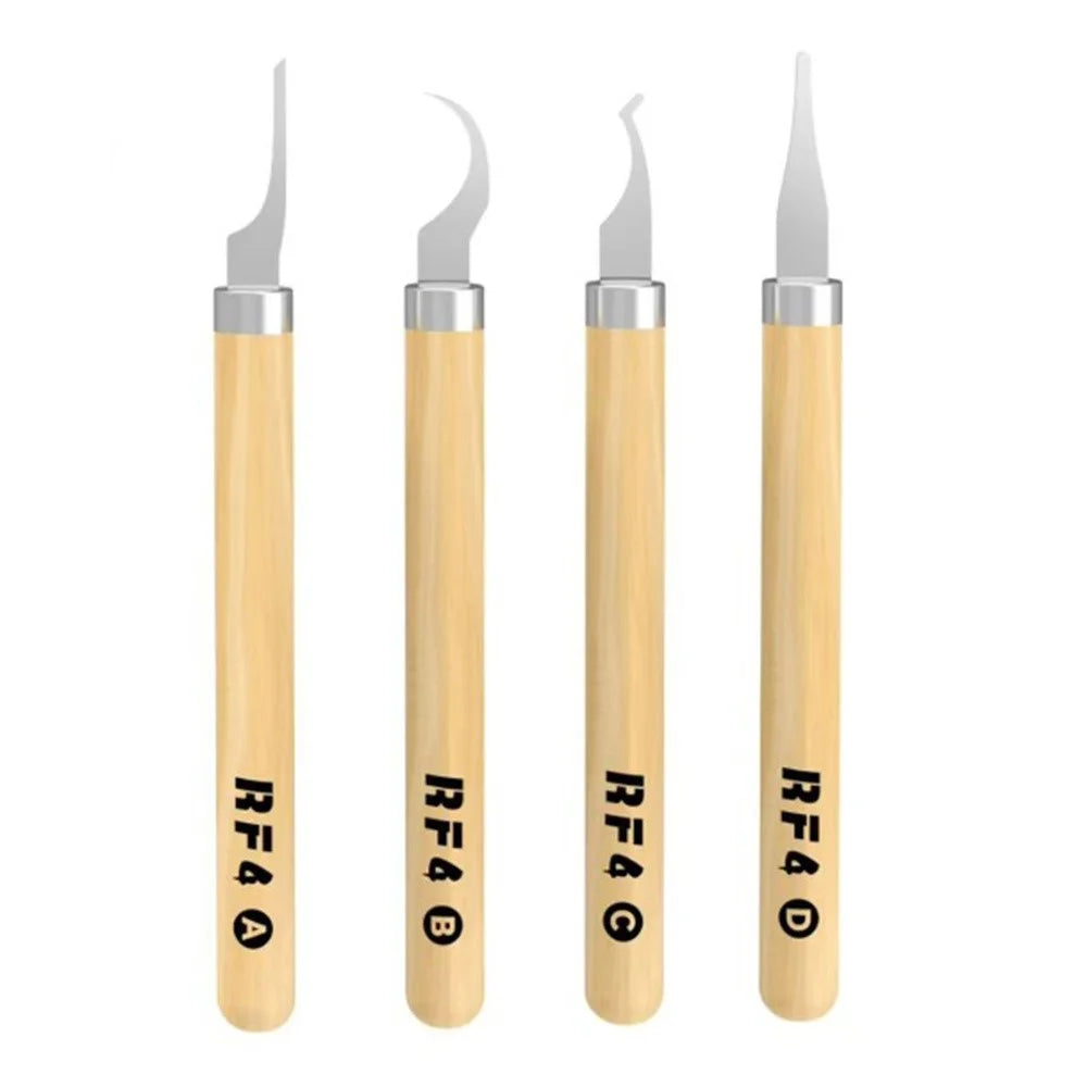 RF4 KH15 4Pcs Precision Spudger Set Pry Tools Steel Blades Wooden Handle Phone Repair Tool Kit - 1