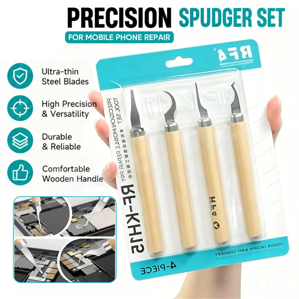 RF4 KH15 4Pcs Precision Spudger Set Pry Tools Steel Blades Wooden Handle Phone Repair Tool Kit - 2