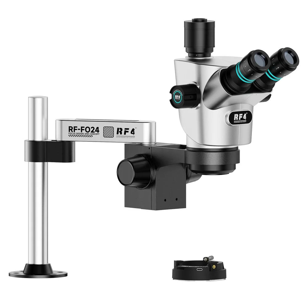 RF4 RF-CX71P-FO24 6.5X-65X Zoom Premium Trinocular Stereo Microscope with FO24 Stand - Silver Black - 1