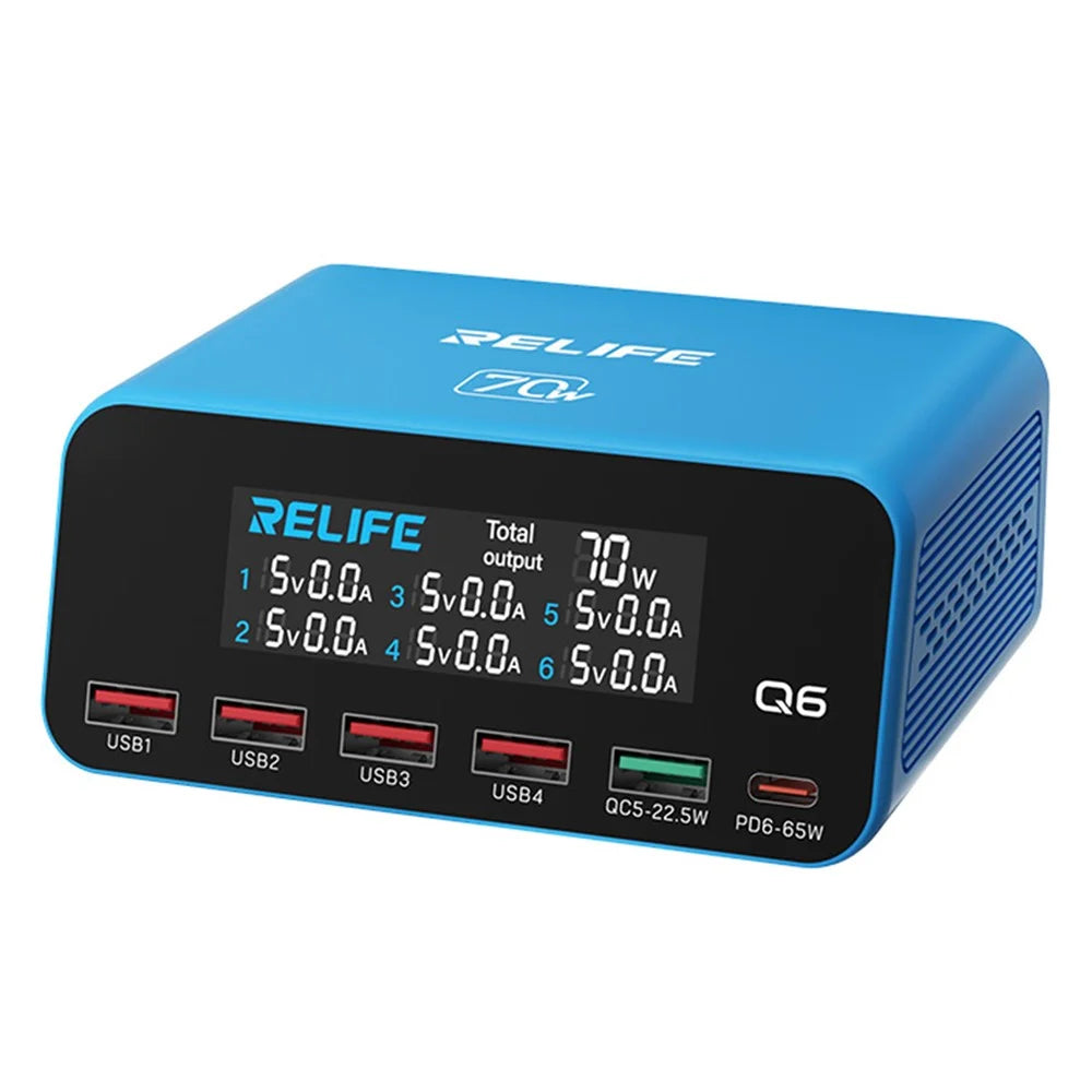 RELIFE Q6 70W 6-Port Smart Charger PD+QC 65W Type-C Fast Charging Tool - EU Plug - 1