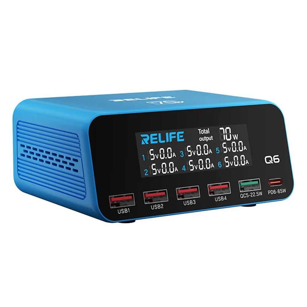 RELIFE Q6 70W 6-Port Smart Charger PD+QC 65W Type-C Fast Charging Tool - EU Plug - 2