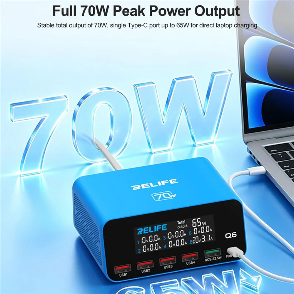 RELIFE Q6 70W 6-Port Smart Charger PD+QC 65W Type-C Fast Charging Tool - EU Plug - 5