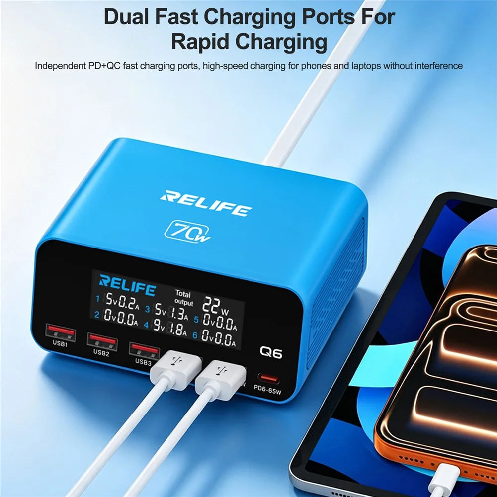 RELIFE Q6 70W 6-Port Smart Charger PD+QC 65W Type-C Fast Charging Tool - EU Plug - 6