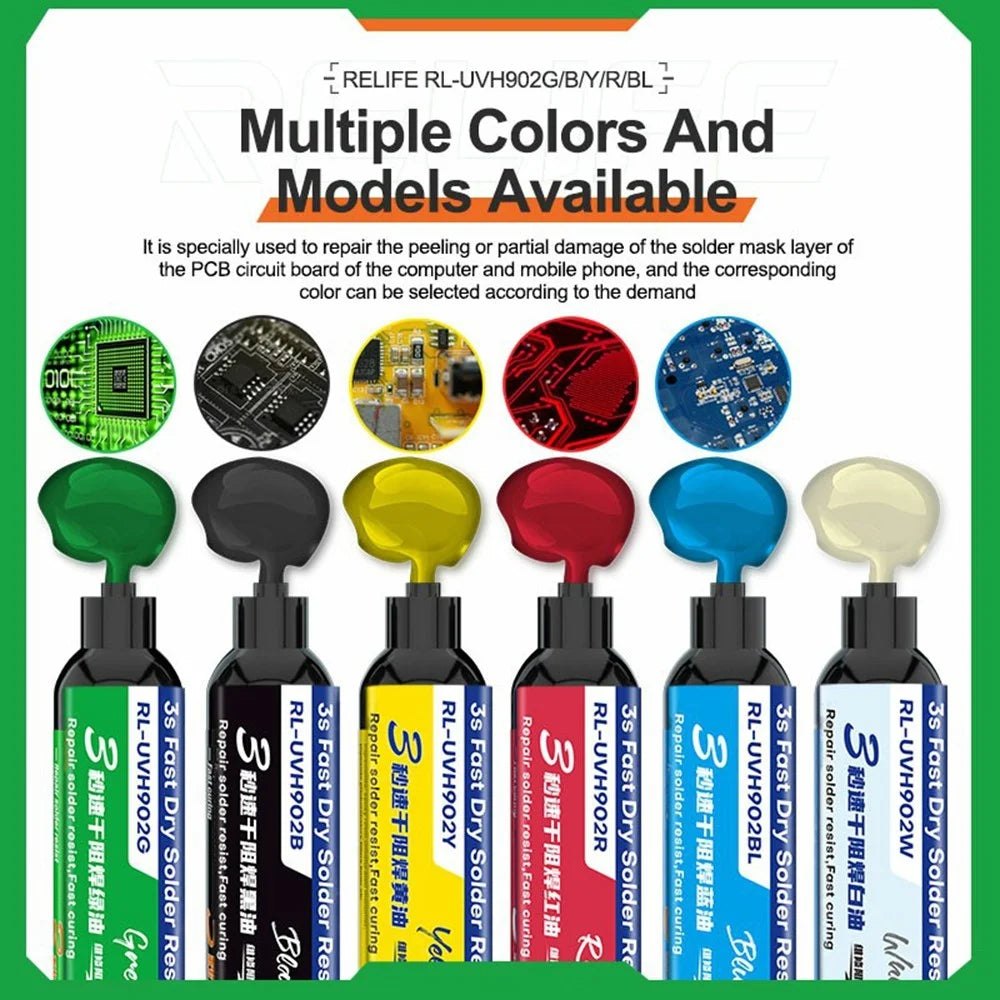 RELIFE RL-UVH902G 3S Quick Dry Curing Solder Resist Oil 10CC for PCB Repair - Green - 3