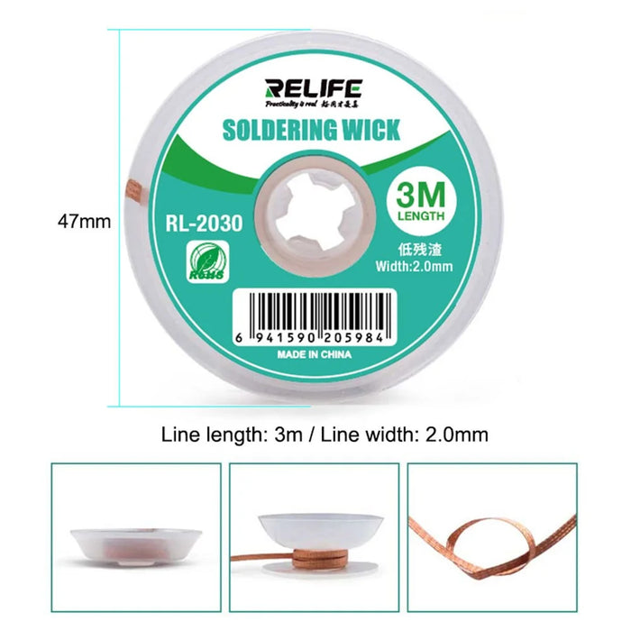 RELIFE RL-2030 Desoldering Wick Low Residue Solder Remover Tool Oxidation Resistant Efficient Tin Removal - 6