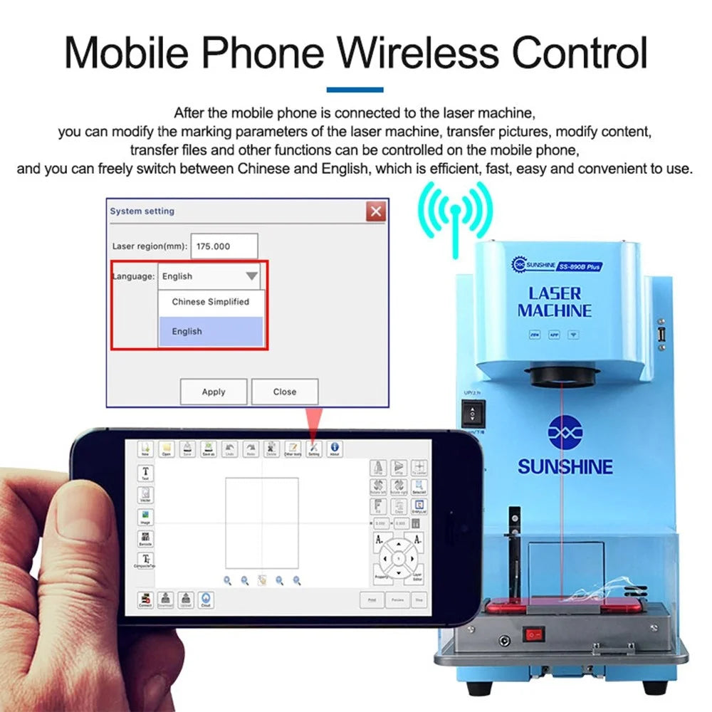SUNSHINE SS-890B Plus Multi-functional Fiber Laser Marking Machine Mobile Phone Back Cover Remover Support Phone Wireless Control/Auto Focus - US Plug - 3
