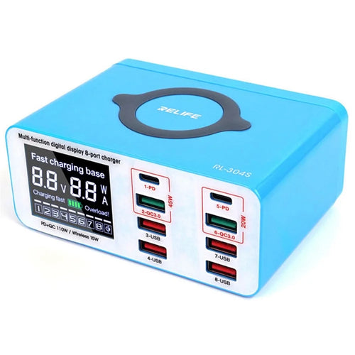 RELIFE RL-304S Wireless Charging Dock 2 PD + 2 QC3.0 + 4 USB Ports Charger Hub Digital Display Phone Tablet Charging Station - US Plug - 1