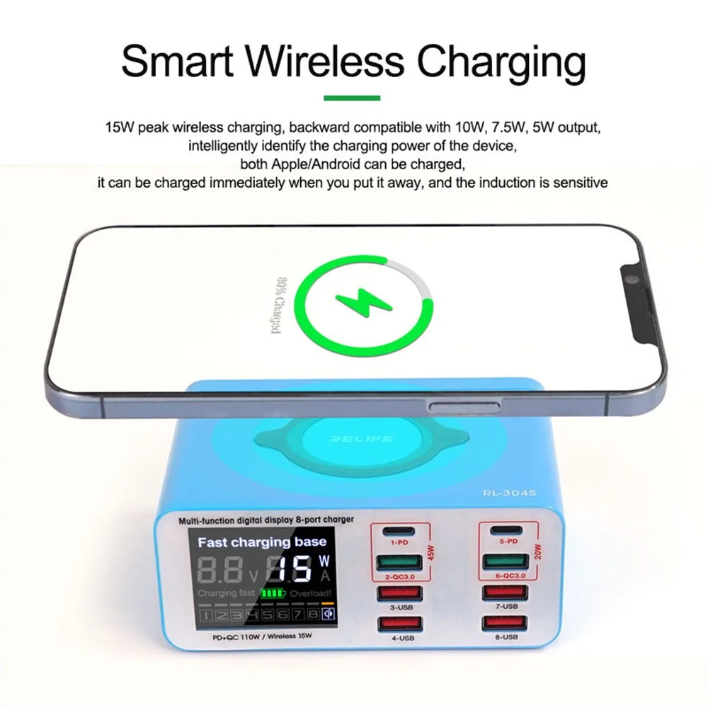 RELIFE RL-304S Wireless Charging Dock 2 PD + 2 QC3.0 + 4 USB Ports Charger Hub Digital Display Phone Tablet Charging Station - US Plug - 4
