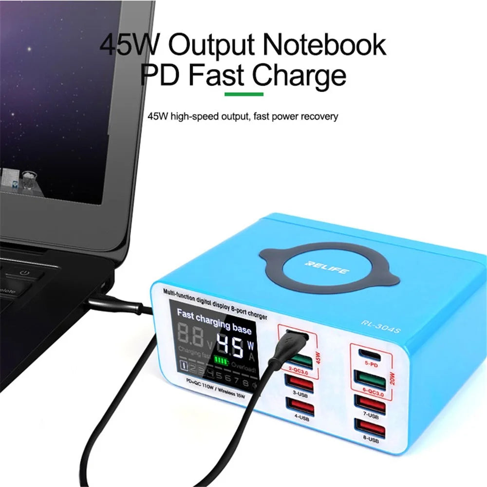RELIFE RL-304S Wireless Charging Dock 2 PD + 2 QC3.0 + 4 USB Ports Charger Hub Digital Display Phone Tablet Charging Station - US Plug - 5