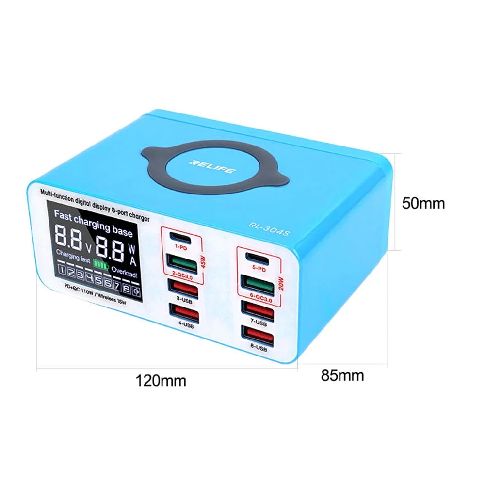 RELIFE RL-304S Wireless Charging Dock 2 PD + 2 QC3.0 + 4 USB Ports Charger Hub Digital Display Phone Tablet Charging Station - US Plug - 7