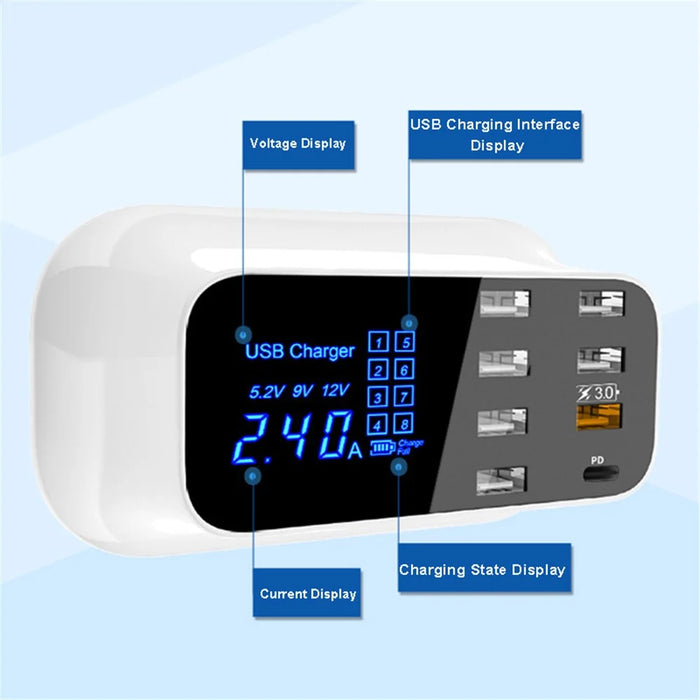 YC-CDA19Q 75W 8-Port USB Fast Charger Desktop Multifunction Charging Station with Screen Display - EU Plug - 5