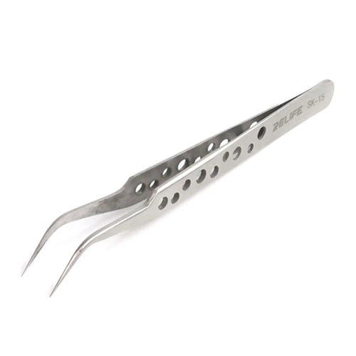 RELIFE SK-15 Curved Tip Tweezers with Holes Stainless Steel Anti-magnetic Tweezers Precision Repairing Tool - 1