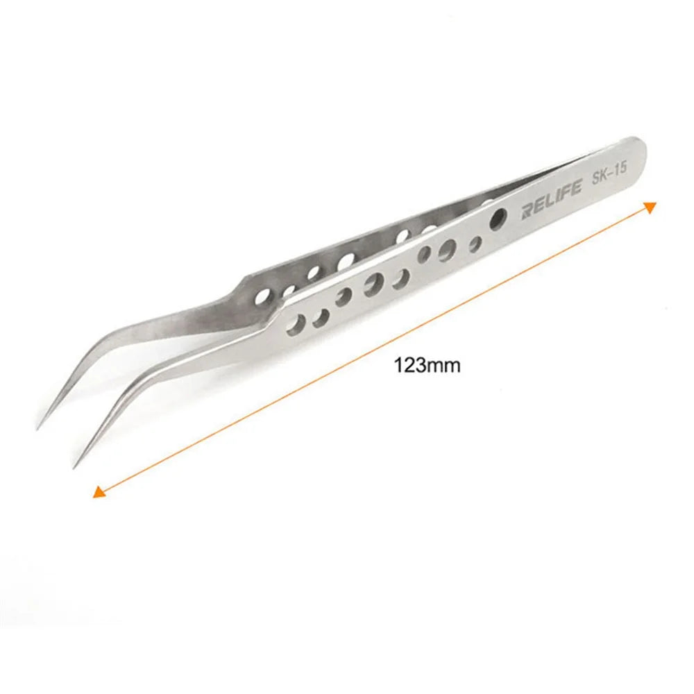 RELIFE SK-15 Curved Tip Tweezers with Holes Stainless Steel Anti-magnetic Tweezers Precision Repairing Tool - 5