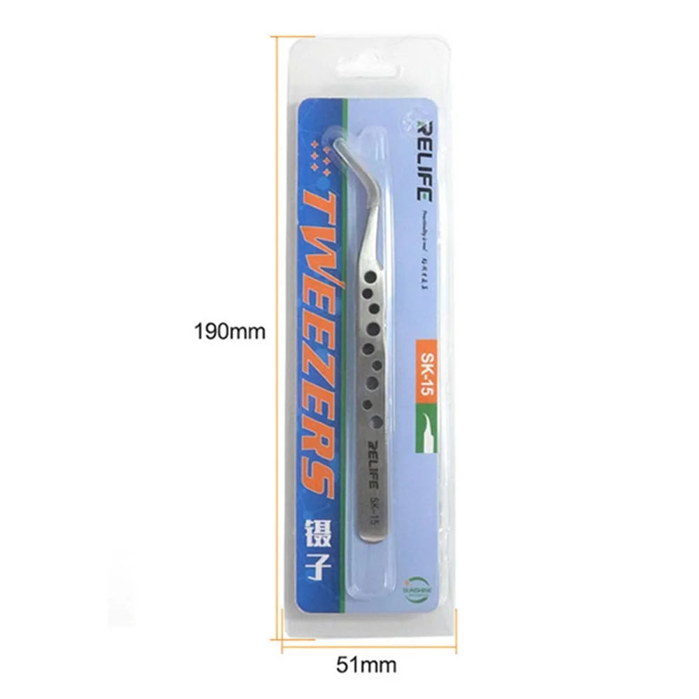 RELIFE SK-15 Curved Tip Tweezers with Holes Stainless Steel Anti-magnetic Tweezers Precision Repairing Tool - 6
