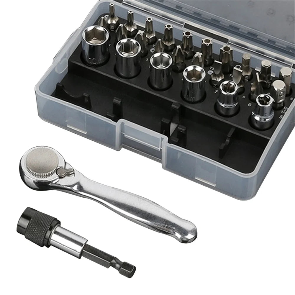 28Pcs Mini Mechanic Tool Kits Portable Ratchet Wrench Set with 72 Teeth Reversible Ratchet (Metric) - 1