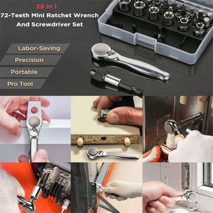 28Pcs Mini Mechanic Tool Kits Portable Ratchet Wrench Set with 72 Teeth Reversible Ratchet (Metric) - 5
