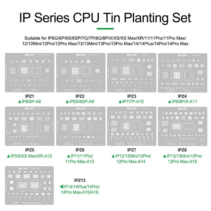 RELIFE RL-044 12Pcs IP Series CPU Integrated Steel Mesh Set iPhone 6-17 Series CPU Tin Planting Kit - 6